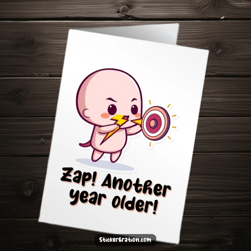 Funny Free Printable Birthday Card: A lightning bolt character confidently striking a tiny bullseye target with a playful grin.