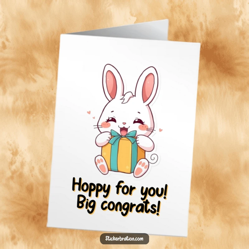 Funny free printable congratulations card: A chubby bunny eagerly unwraps a vibrant gift, showing pure excitement.