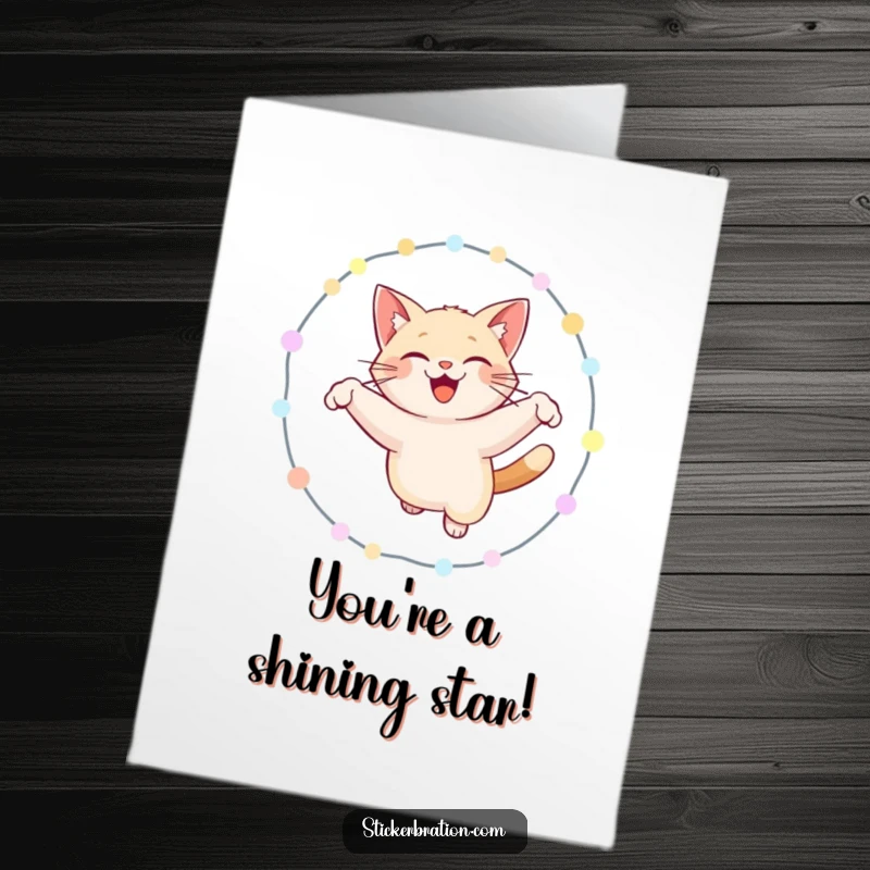 Funny Free Printable Congratulations Card: Smiling cat triumphantly leaping through a bright hoop of lights, celebrating success.