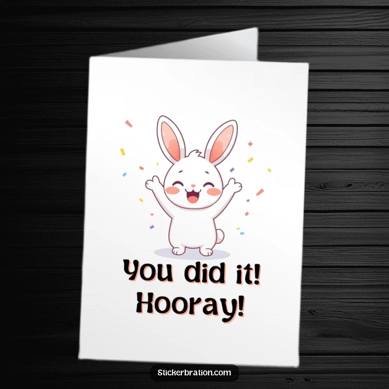 Funny Free Printable Congrats Card: Cute bunny character showering in confetti, celebrating a great achievement with pure joy.