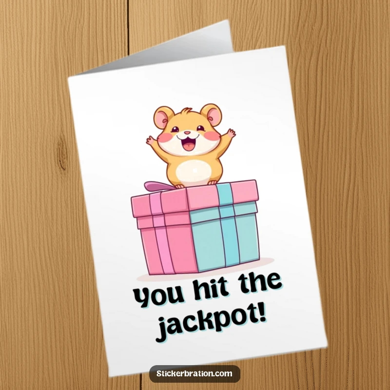 Free printable congratulations card: Adorable, excited hamster bouncing energetically on a huge gift box, conveying pure happiness.