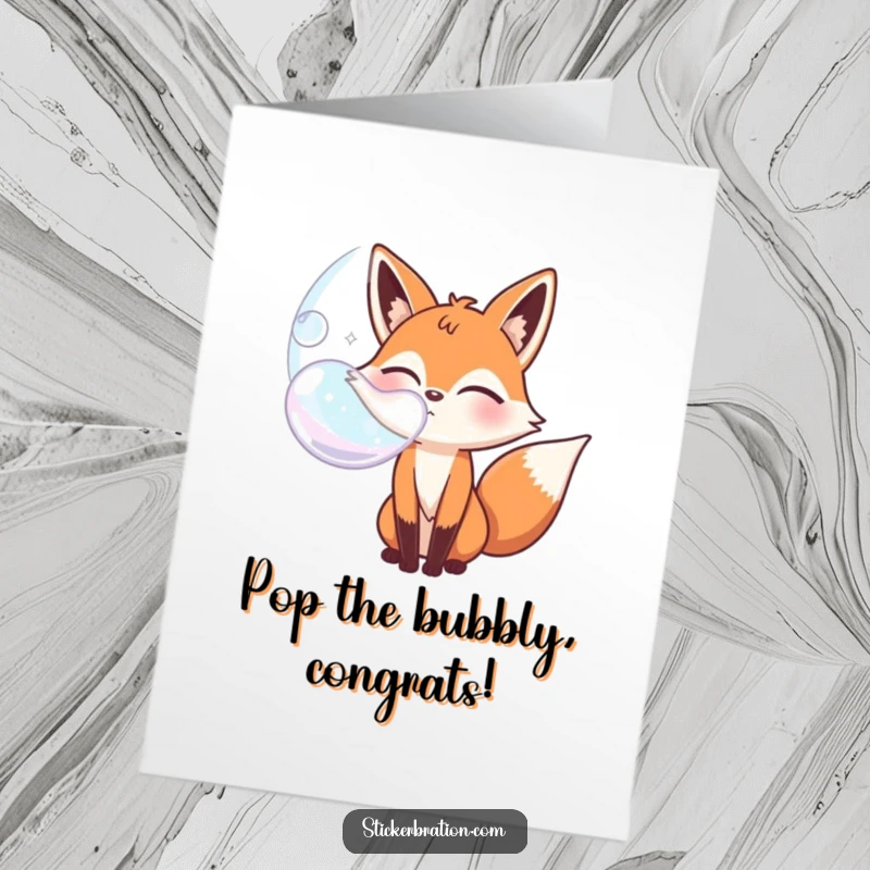 Funny free printable congratulations card: a bubbly fox character winking mischievously while blowing a huge bubble.