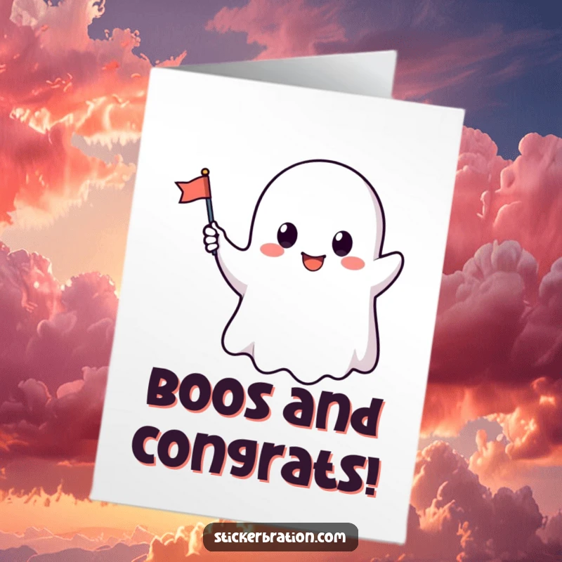 Funny Free Printable Congratulations Card: A cheerful ghost character waving a small flag, celebrating a success with friendly spectral enthusiasm.