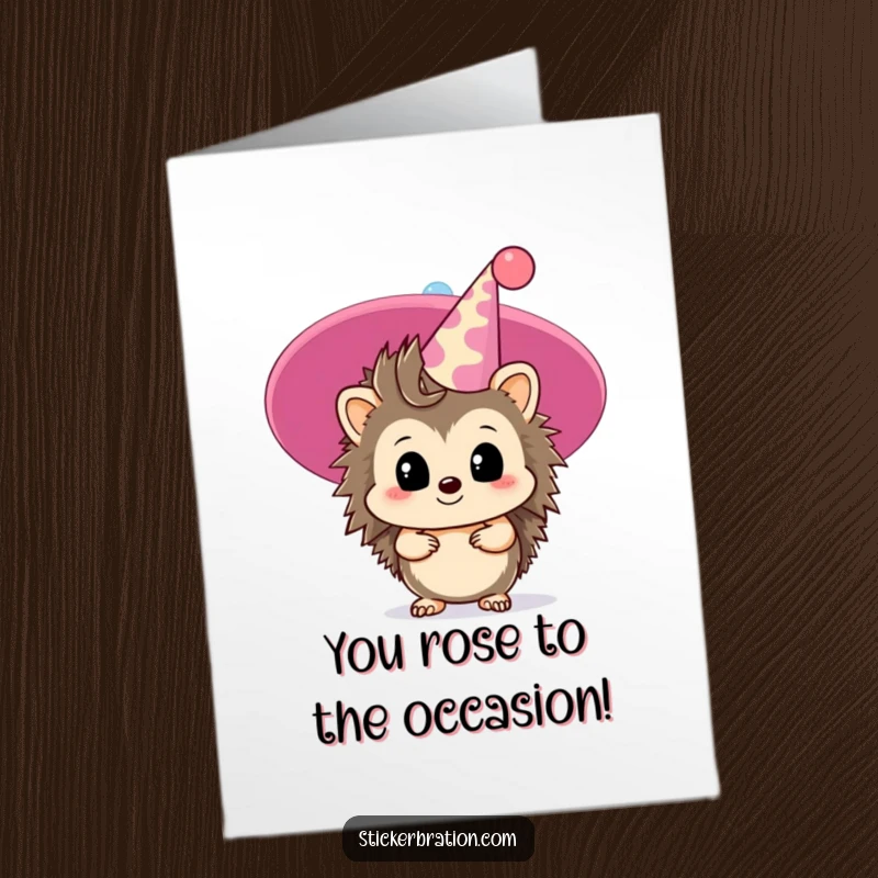 Funny Free Printable Congratulations Card: A shy hedgehog peeking behind a massive party hat, a downloadable design for any celebration.