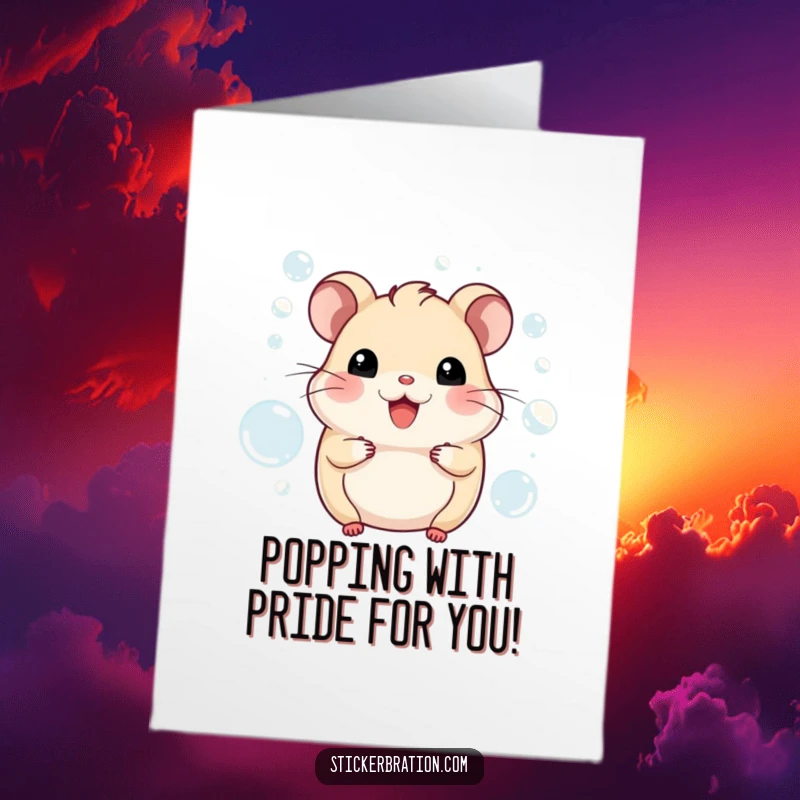 Funny Free Printable Congratulations Card: A cheerful hamster character floats amidst a shower of delightful bubbles, congratulating.