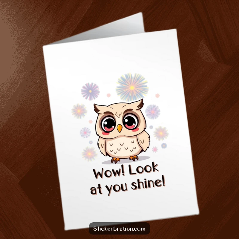 Funny Free Printable Congratulations Card: Owl with wide eyes watching a firework, astonished and impressed, a stunning downloadable gift.