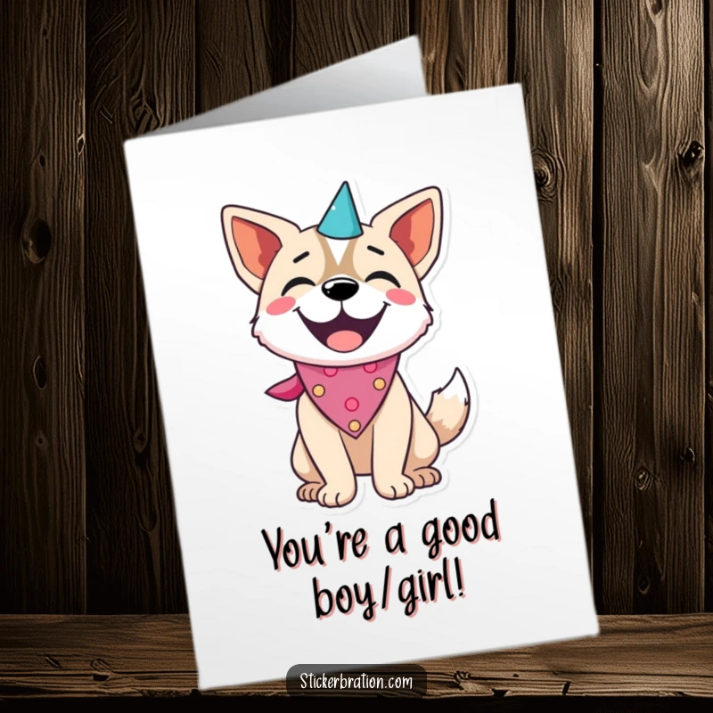 Funny Free Printable congratulations card featuring a joyful dog in a party bandana, wagging its tail with excitement over good news.