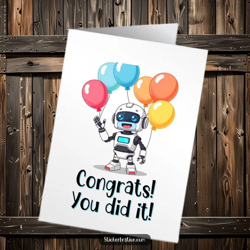 Funny Free Printable Congratulations Card: A cute robot happily juggles colorful balloons, celebrating your amazing success.