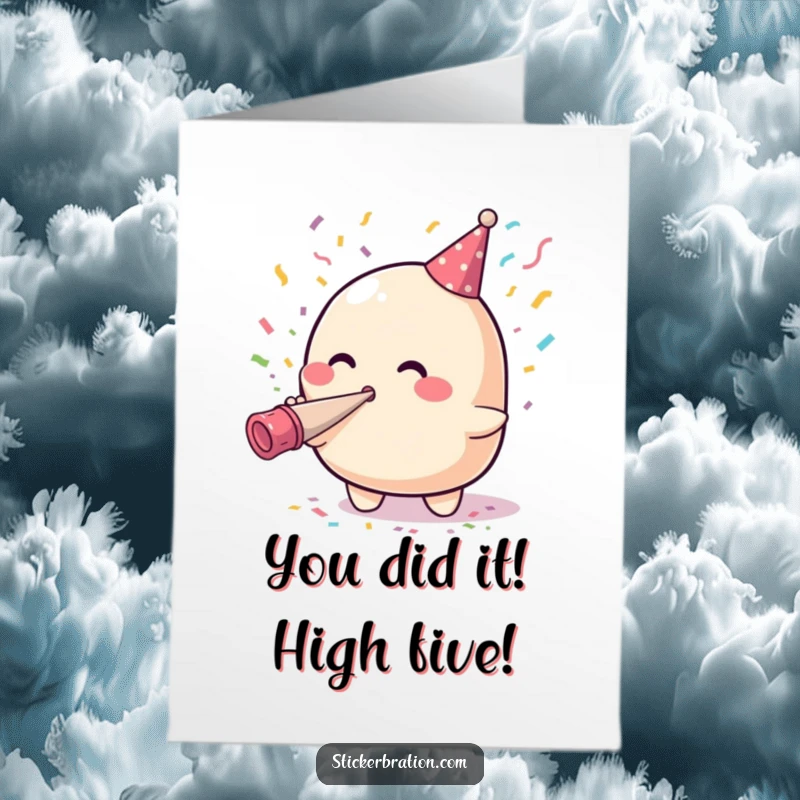 Funny Free Printable Congratulations Card: Cute blob blowing party horn confetti, celebrating success with a big blast.