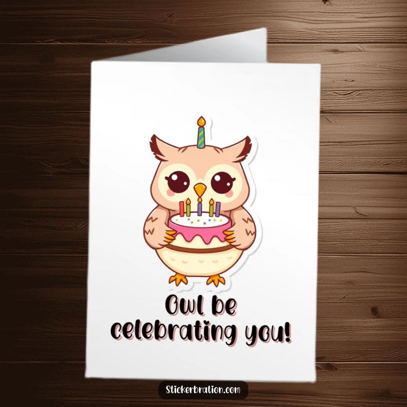 Funny Free Printable Congratulations Card: A cheerful owl holding a birthday cake, conveying wise and happy congratulations.