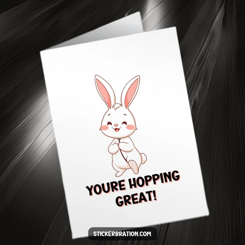 Funny Free Printable Congratulations Card: A happy rabbit grinning widely, holding a massive balloon, symbolizing joy and accomplishment.