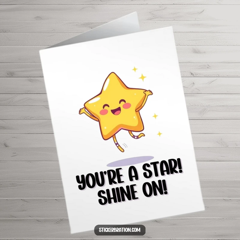 Funny free printable congratulations card: A beaming star character performs a happy dance, leaving a trail of glitter.