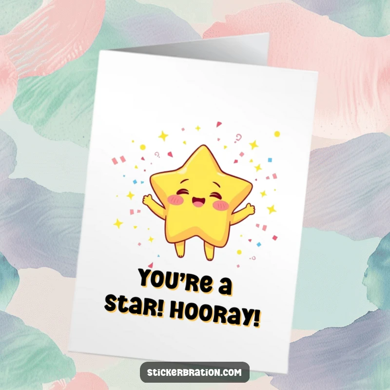 Free Printable Congratulations Card: A jubilant star juggles confetti with sparks flying, perfect for celebrating brilliant successes.