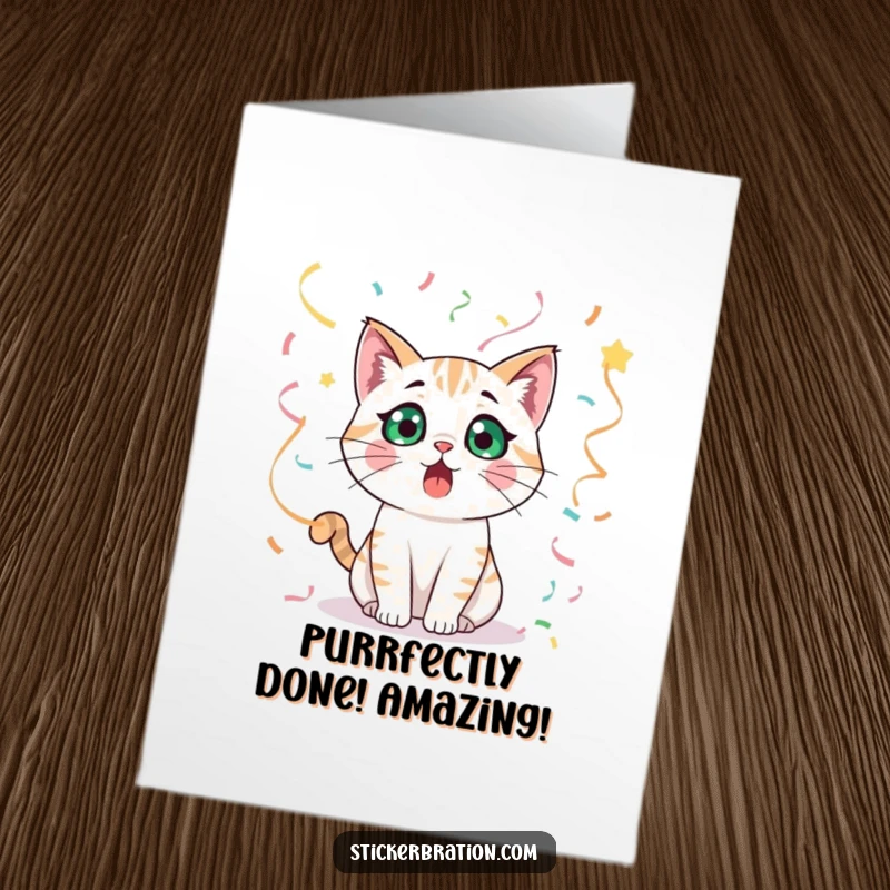 Funny Free Printable Congratulations Card: A startled cat with wide eyes, caught amidst a flurry of streamers, reacting to news.