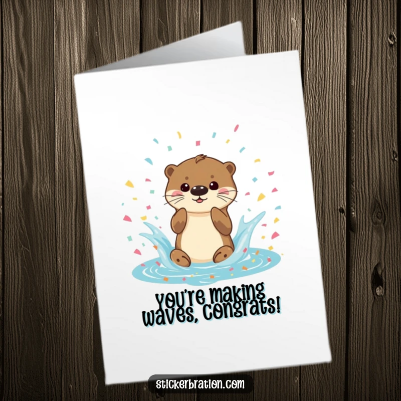 Funny free printable congratulations card of a playful otter character splashing gleefully in a pool of colorful confetti, celebrating a win.