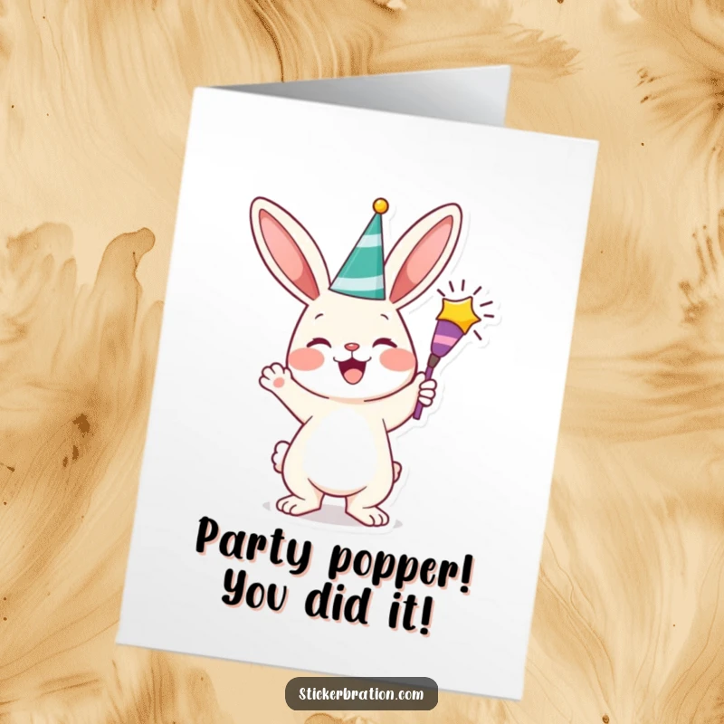 Funny Free Printable Congratulations Card: Joyful bunny with a party popper, announcing good news, a brilliant downloadable gift.