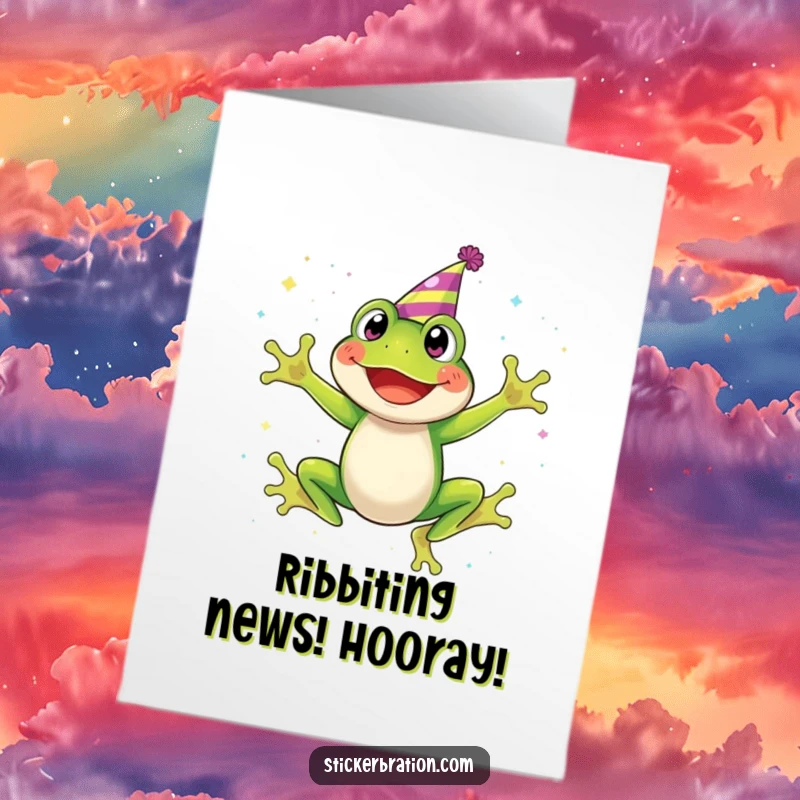 Funny Free Printable Congratulations Card: A happy frog wearing a party hat jumps excitedly in a shower of sparkling glitter.