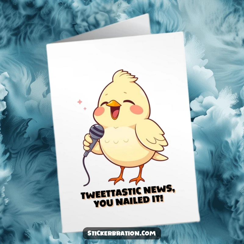 Funny Free Printable Congratulations Card with a cheerful bird singing into a tiny microphone, celebrating a successful performance or milestone.