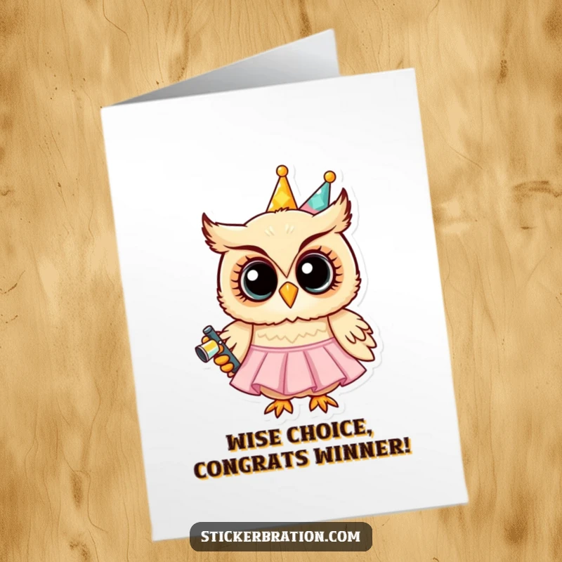 Funny Free Printable Congrats Card: A grinning owl dressed in a small party dress holds a noisemaker, ready to cheer.