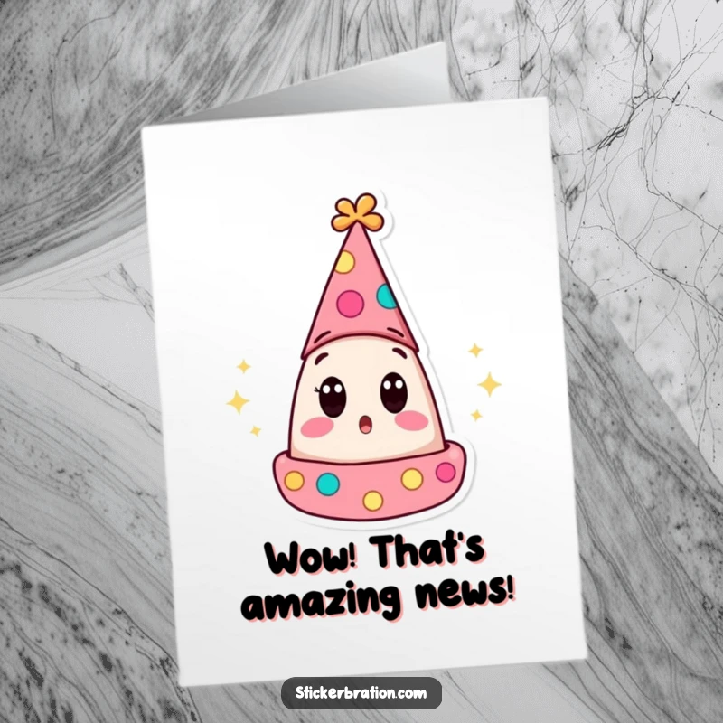 Funny Free Printable Congratulations Card of a party hat character looking shocked with wide, surprised eyes.