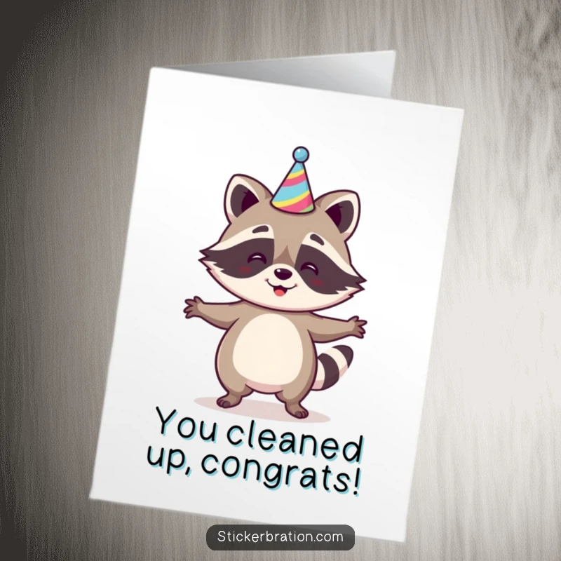 Funny free printable congratulations card of a happy raccoon character in a party hat doing a cheerful jig, celebrating a win.