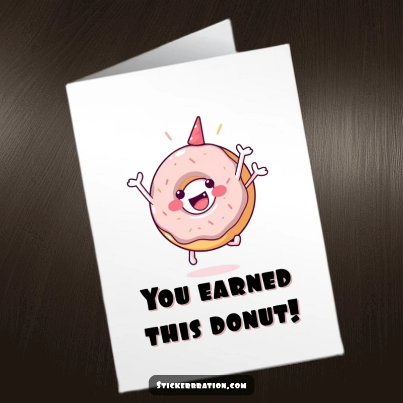 Funny Free Printable Congratulations Card: A delighted donut character jumping high, celebrating an achievement with sprinkles and pure joy.