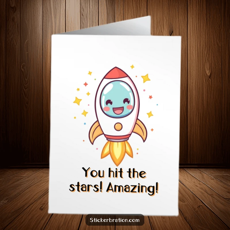 Funny Free Printable Congratulations Card: A triumphant rocket character blasting off with confetti and stars, signifying a grand achievement.