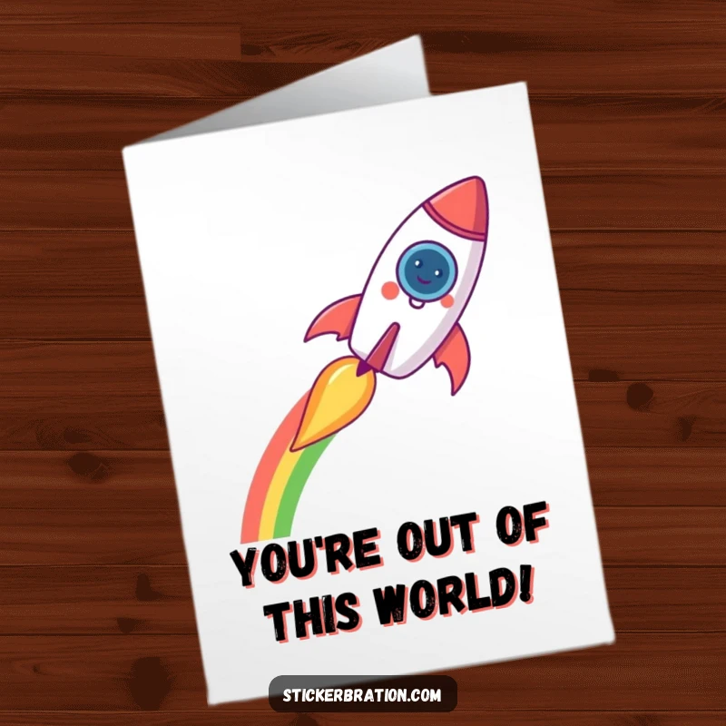 Funny Free Printable Congratulations Card: A jubilant rocket character ascends rapidly, painting the sky with a spectacular rainbow.