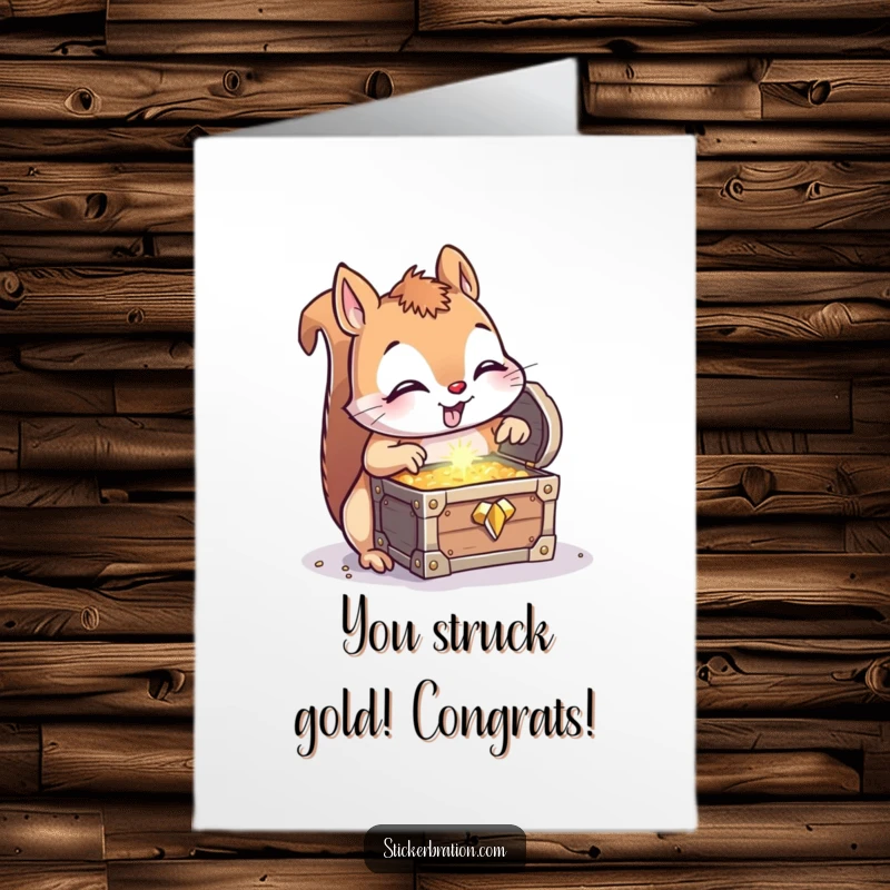 Funny Free Printable Congratulations Card: Squirrel delighted by a sparkling treasure chest, a unique DIY gift idea.