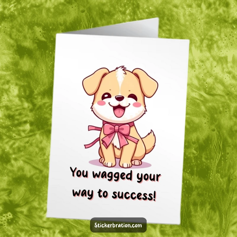 Funny Free Printable Congratulations Card showcasing a cute dog character in a happy wiggle pose with a party ribbon.