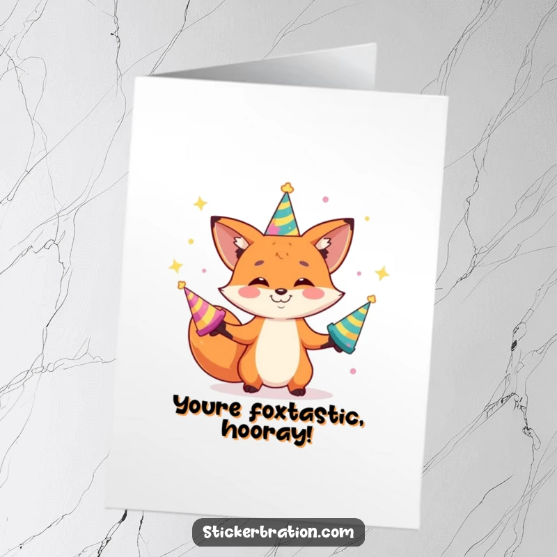 Funny Free Printable Congrats Card: Playful fox character juggling several shiny party hats with a wide grin, a festive congratulatory image.