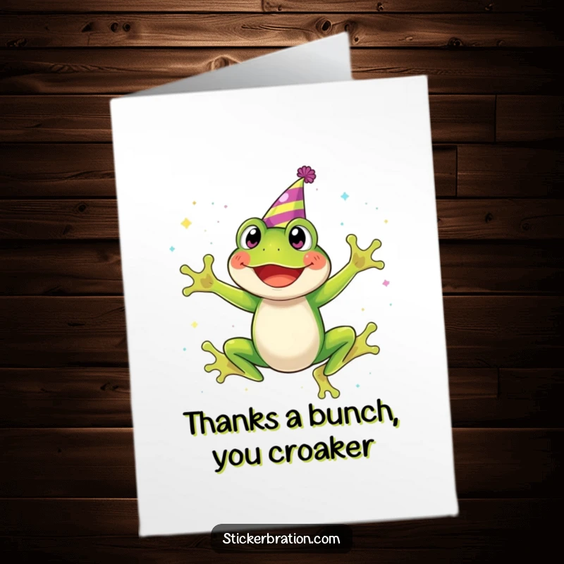 Funny Free Printable Thank You Card: A grinning frog in a party hat jumps through glitter, sending thanks.