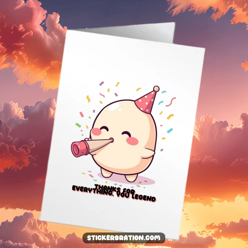 Funny Free Printable Thank You Card: A cute blob character blasts confetti from a party horn, expressing heartfelt thanks.