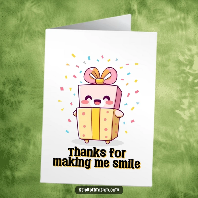 Funny Free Printable Thank You Card: A smiling gift box character erupts with confetti, sending a warm thank you message.
