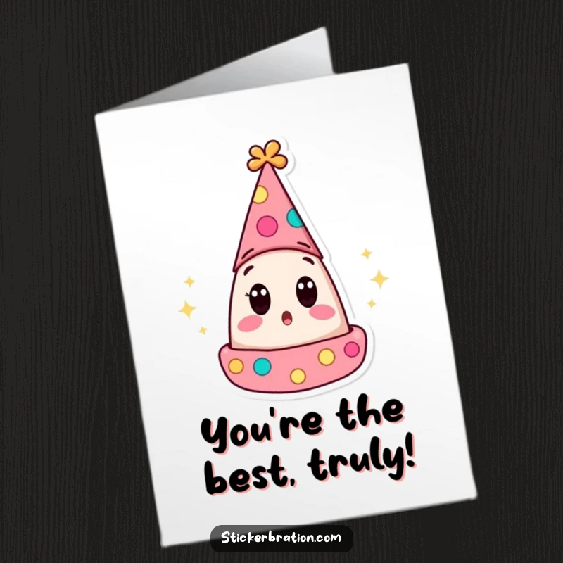 Funny Free Printable Thank You Card featuring a party hat character with wide, surprised eyes, expressing thanks.