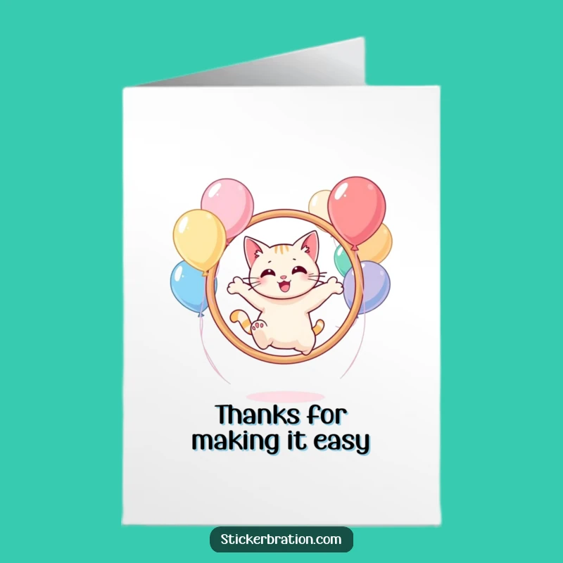 Free Printable Thank You Card: Balloon Hoop Cat Downloadable Gift
