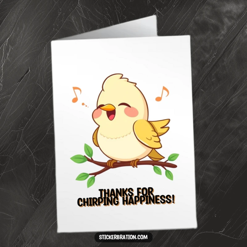 Funny Free Printable Thank You Card: A happy bird on a branch singing a joyful tune, a cute DIY thank you.