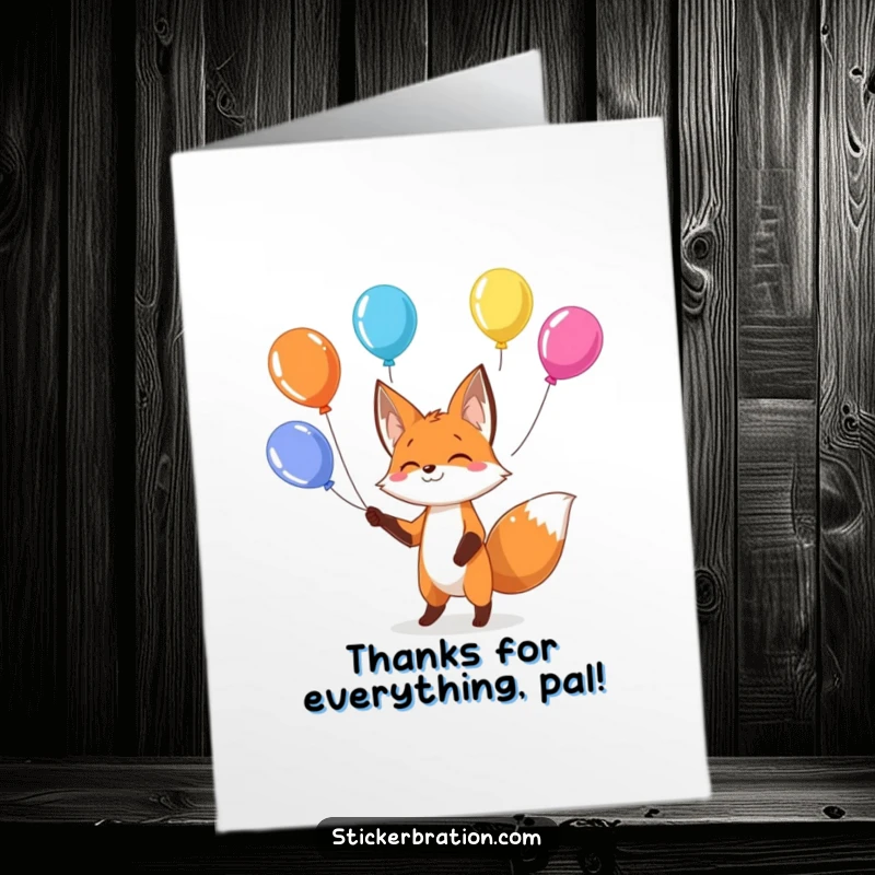 Funny Free Printable Thank You Card: A whimsical fox juggling balloons, a downloadable design to express gratitude.