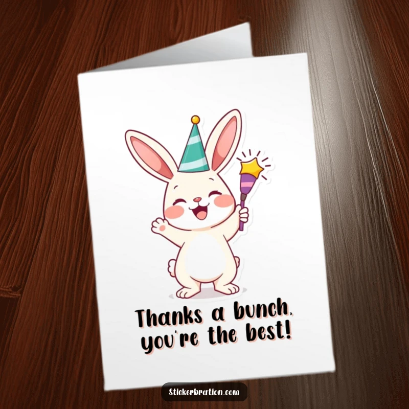 Funny Free Printable Thank You Card: Bunny exploding party popper, conveying big thanks, a delightful downloadable gift.