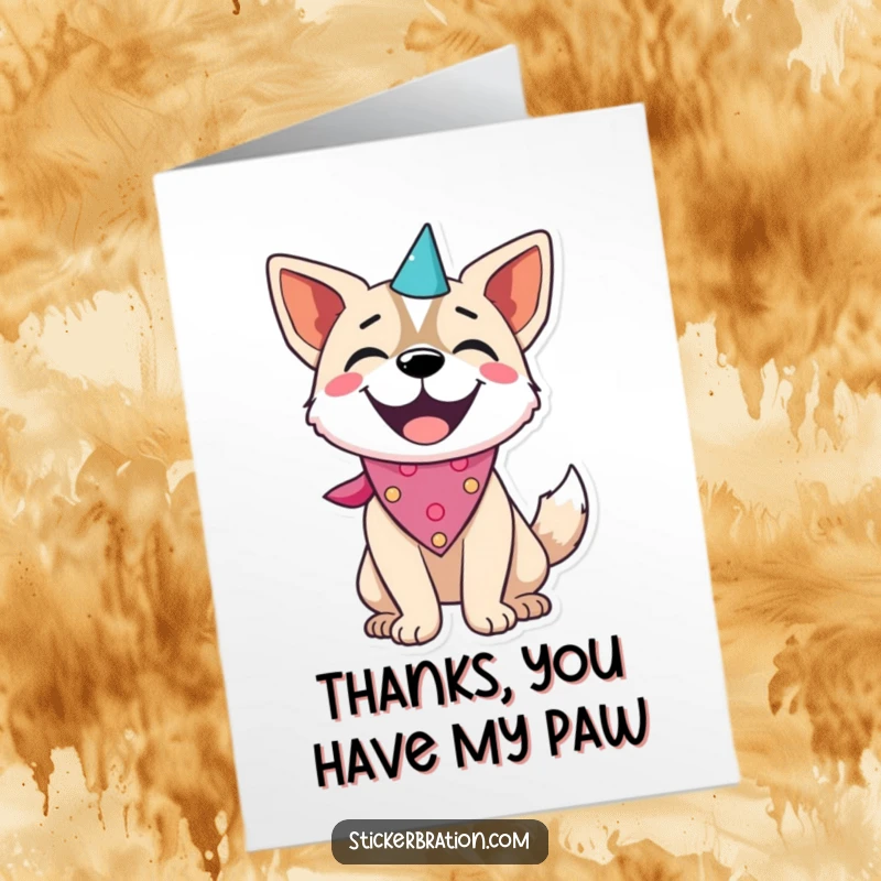 Funny Free Printable thank you card of a joyful dog wearing a party bandana and wagging its tail, expressing sincere thanks with glee.