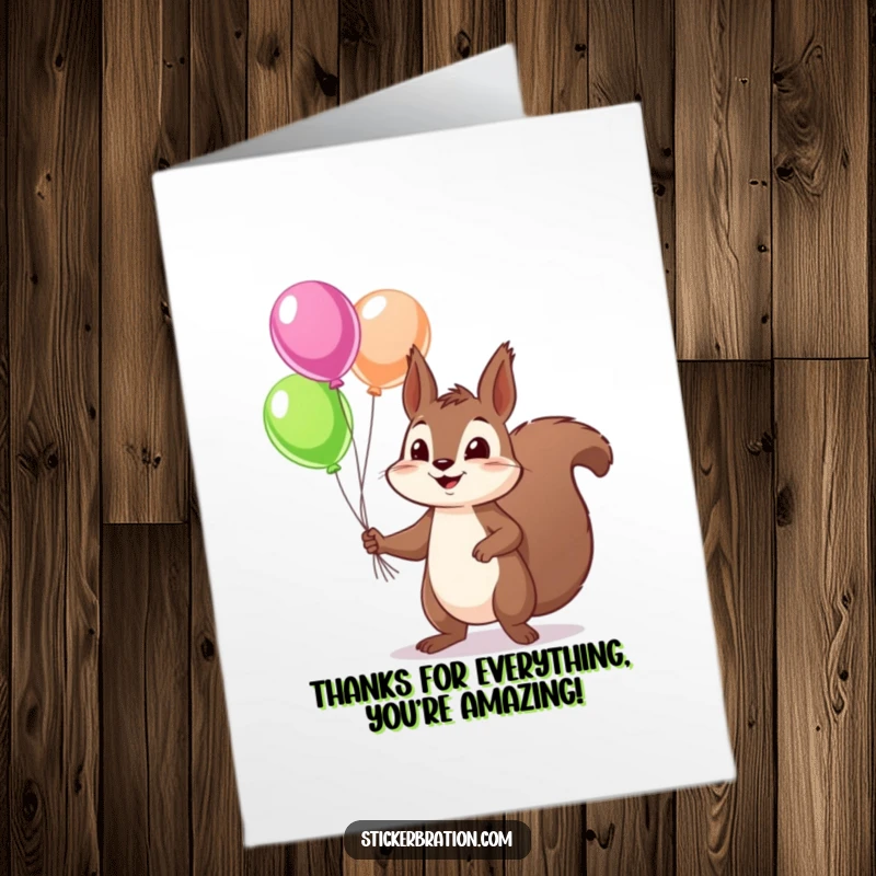 Funny Free Printable Thank You Card: Squirrel juggling balloons, conveying thanks, a charming downloadable gift.