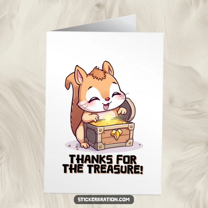 Funny Free Printable Thank You Card: Curious squirrel gleefully finds a treasure chest, a charming DIY thank you gift.