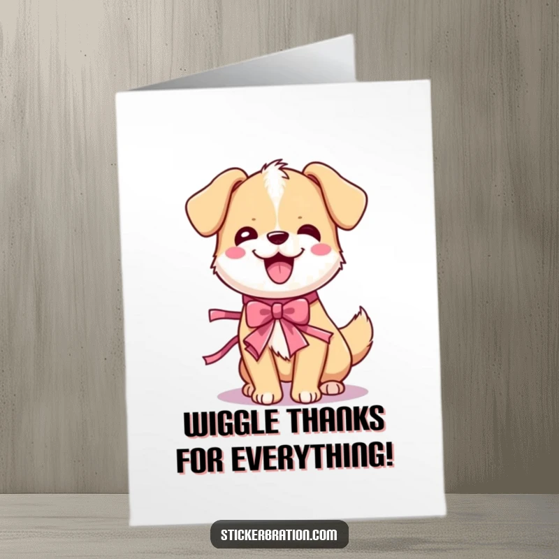 Funny Free Printable Thank You Card with a cute dog doing a happy wiggle and wearing a party ribbon.