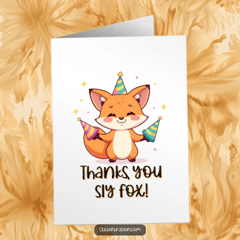 Funny Free Printable Thank You Card: A playful fox character juggling shiny hats, adding a humorous touch to expressing thanks.