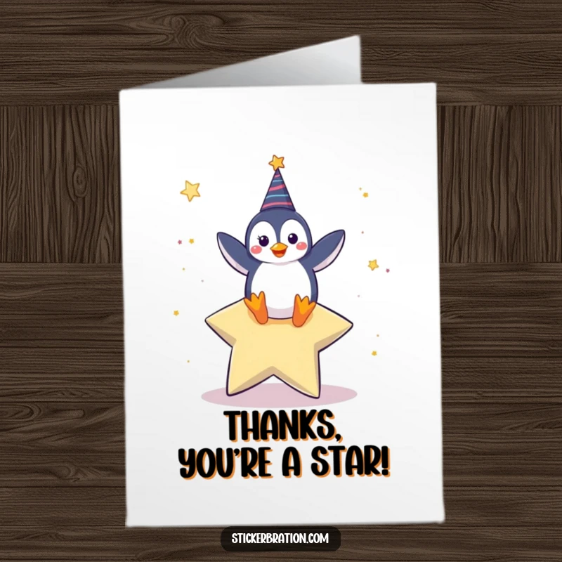 Funny Free Printable Thank You Card: A happy penguin character dancing on a giant star, a fun and unique way to say thanks.
