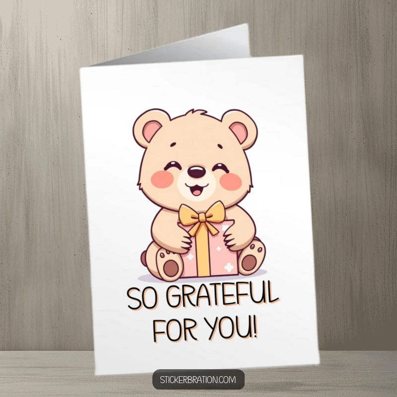 Funny Free Printable Thank You Card: A happy bear cub opening a present, a downloadable design for expressing thanks.