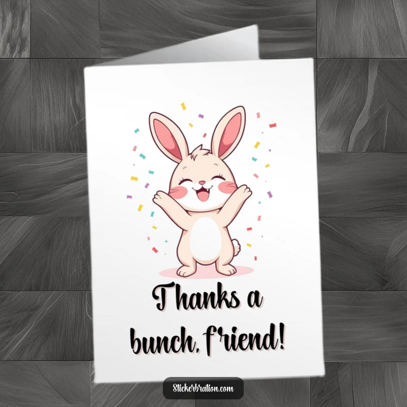 Funny Free Printable Thank You Card: A delighted bunny tossing confetti, a downloadable design to express heartfelt thanks.