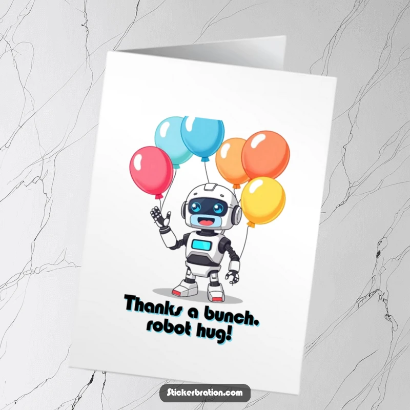 Funny Free Printable Thank You Card: A cute robot juggles colorful balloons with a happy beep, showing sincere gratitude.