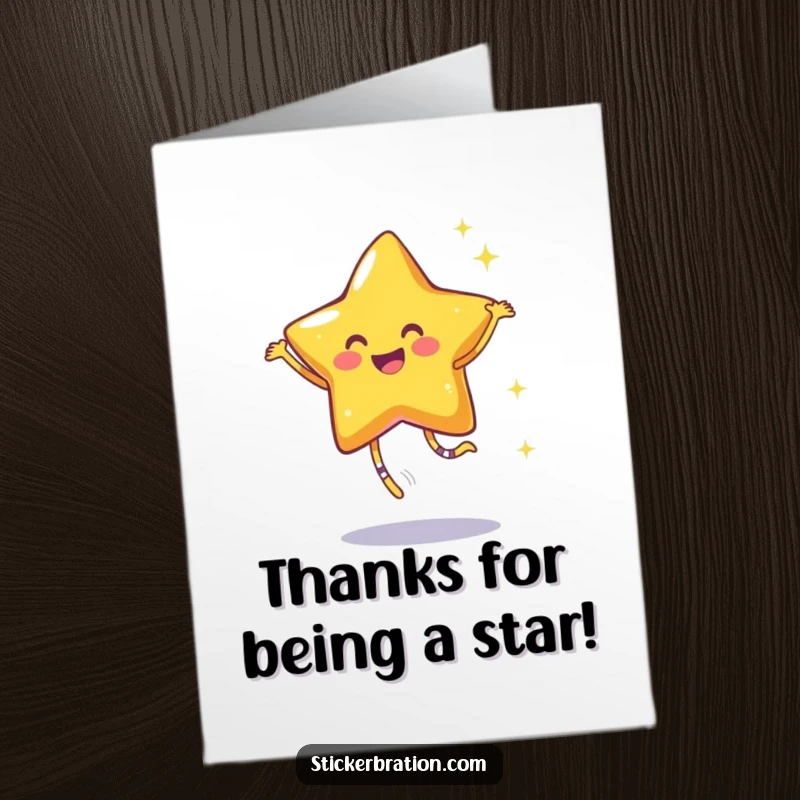 Funny free printable thank you card: A joyous star character dances energetically, scattering sparkles.