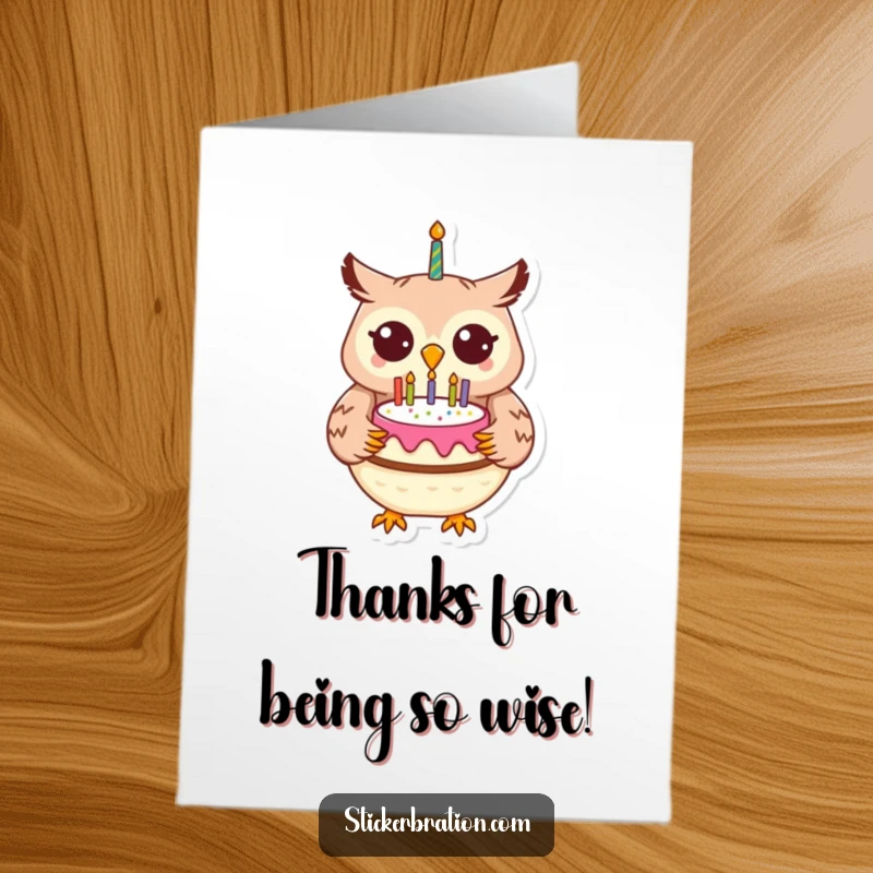 Funny Free Printable Thank You Card: A cheerful owl holding a birthday cake, offering a sweet and heartfelt thank you.